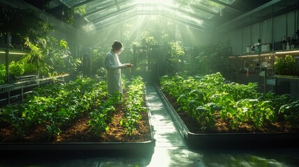 A futuristic agriculture lab where scientists are genetically engineering crops to withstand climate change, representing innovation in the agricultural sector.