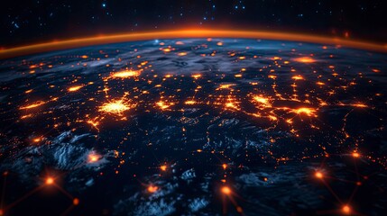 A global economic network represented by holographic nodes connecting major cities across the globe, symbolizing the interconnectedness of future economies.