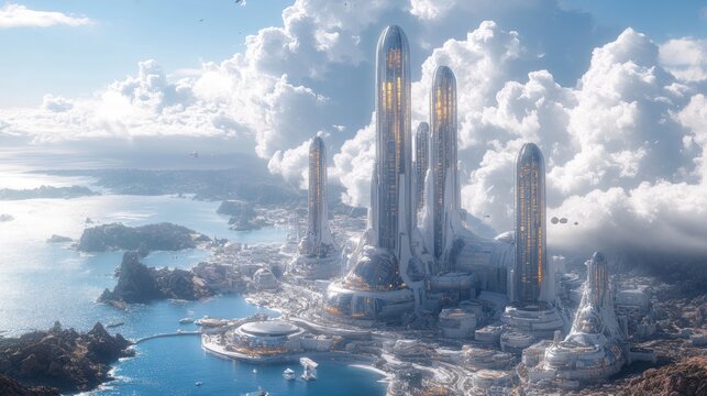 A futuristic global trade center with transparent skyscrapers and autonomous shipping hubs, symbolizing the future of international commerce.