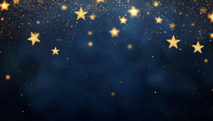 Naklejka premium A serene night sky filled with golden stars against a dark blue backdrop, creating a magical and dreamy atmosphere.