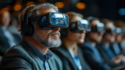 A group of economists discussing the impact of AI and automation on the global economy in a high-tech virtual reality conference.