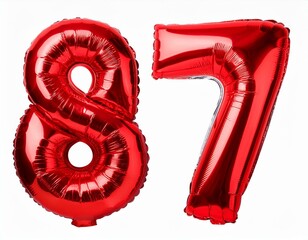 数字の87の形の赤い風船（Number 87 red foil balloon on white background）
