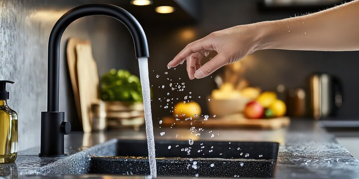  Hand under running water from a sleek black faucet, capturing modern kitchen design with a touch of functionality and elegance.