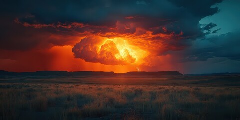 Fototapeta premium Massive thunderhead looms over horizon, with dark shape lit from within by distant lightning.
