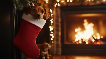 Red Christmas stocking hanging by fireplace, with cozy fire burning and a playful puppy peeking out from behind, festive holiday decorations background. Wallpaper, funny banner, poster
