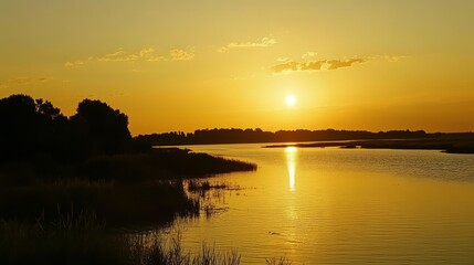 Serene Sunset Over a Tranquil River Landscape