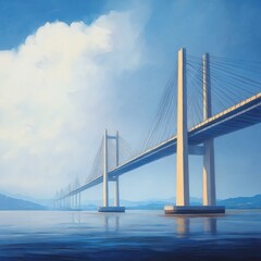 Obraz premium A suspension bridge spans a calm body of water with mountains in the background.