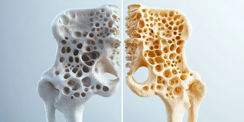  Side-by-side comparison of healthy and porous bones, illustrating osteoporosis and bone density loss in a detailed, educational visual.