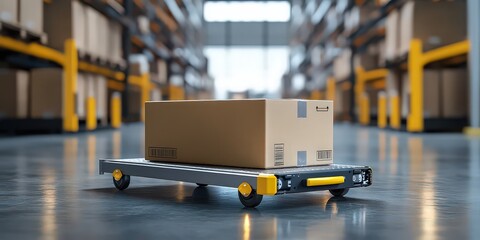 Fototapeta premium Side view of hand truck with large cardboard box balanced on flat metal base, flaps sealed tightly.
