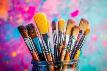 Fototapeta premium Assortment of paintbrushes in a glass jar