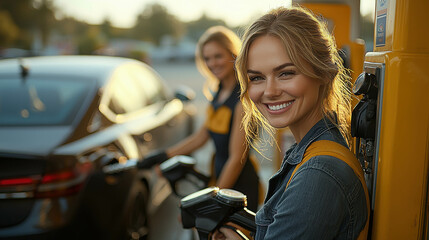 A cheerful gas station attendant in a uniform refuels a car while smiling at the camera, with a coworker in the background.
