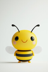 Fototapeta premium Minimalist illustration of a cheerful bee with black antennae, big eyes, friendly smile, rosy cheeks and translucent wings, all set against a plain white background.
