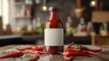 Homemade chili and tomato sauce with blank label mockup on bokeh kitchen background 