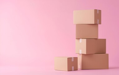 Obraz premium A stack of beige cardboard boxes is set against a pink background. Ideal for packaging, shipping, or minimalist design themes.