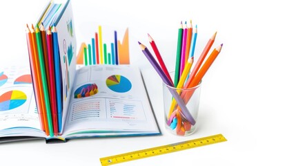 Fototapeta premium Colorful Pencils Beside an Open Notebook with Charts and a Ruler