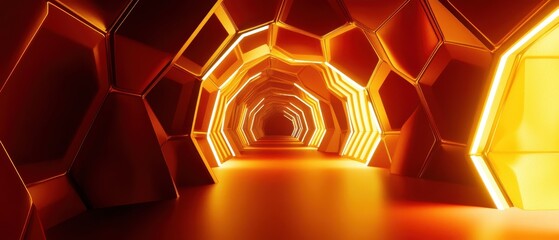 Abstract Orange and Yellow Hexagon Tunnel with Neon Lights - Futuristic Sci-Fi Background. - Powered by Adobe