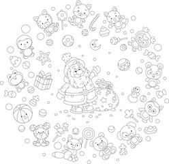 Santa Claus with his magical gift bag surrounded by funny Christmas presents, toys and sweets for little children, black and white outline vector cartoon illustration for a coloring book