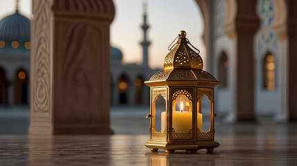  Arabic style lanterns with candles and prayer beads on the right side, with a blurred white mosque in the background