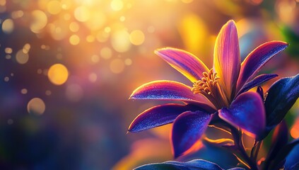 A close-up of an exotic flower with purple and yellow petals, sun rays shining through the leaves