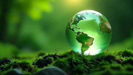 Glowing glass planet earth on green natural background, ecology concept - Powered by Adobe