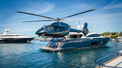 Helicopter Taking Off from Luxury Yacht in Sunny Harbor