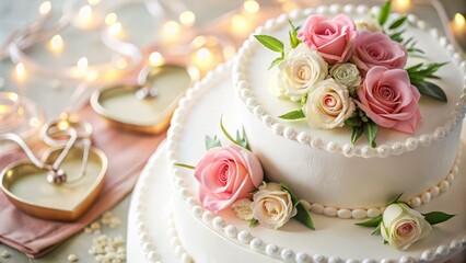 Elegant White Wedding Cake with Pink Roses, Heart-Shaped Ornament, and Wedding Rings - Aerial Photography for Romantic Celebrations and Events