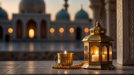  Arabic style lanterns with candles and prayer beads on the right side, with a blurred white mosque in the background