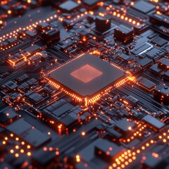 Fototapeta premium Close-up of a glowing CPU processor on a circuit board.