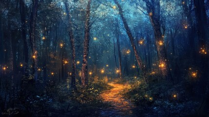 Fototapeta premium Enchanting Firefly Forest Path - Magical Nighttime Nature Scene.
