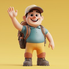 A smiling 3D cartoon boy in hiking gear waves against a yellow background. Perfect for outdoor, adventure, or playful themes.