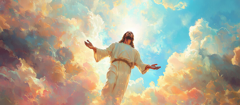 Depiction of the second coming of Christ, featuring a man in a bright sky radiating divine light
