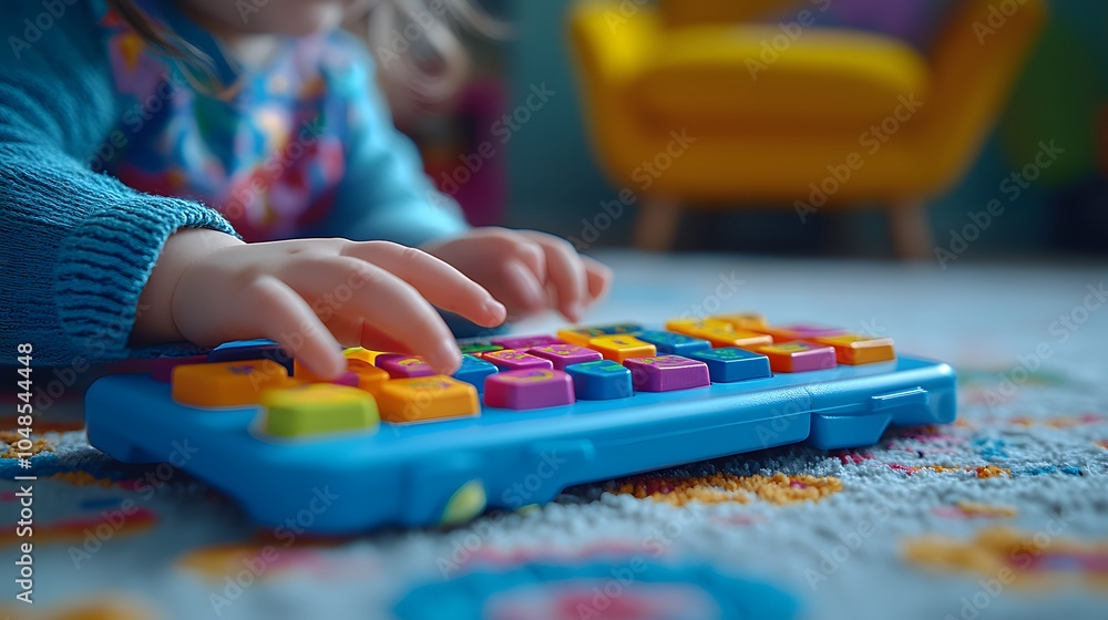 Poster a child playing with a colorful toy keyboard on a patterned rug in a cozy room.