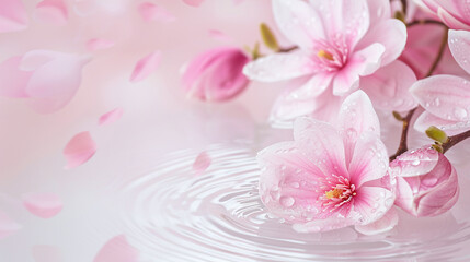 Pink magnolia flowers blooming in the water