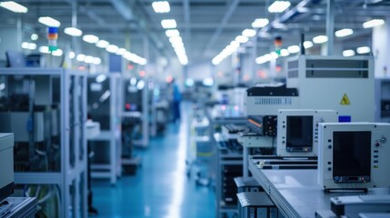 Fototapeta premium Blurred Interior of a Manufacturing Facility with Industrial Equipment