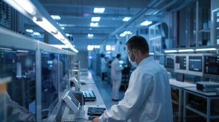 Fototapeta premium Technician in a Lab Coat Works with a Computer in a Modern Clean Room