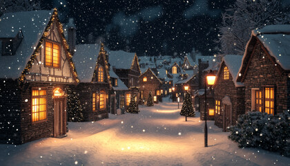 Fototapeta premium A picturesque winter village scene with snow-covered houses, glowing windows, and festive decorations, evoking a cozy holiday atmosphere.