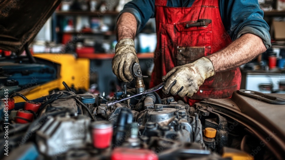 Poster a mechanic working on a car engine