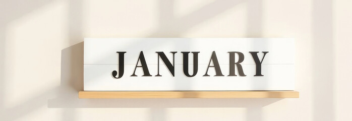 Elegant minimalist banner displaying January with soft shadows on a neutral background, perfect for New Year promotions, winter campaigns, or monthly planners