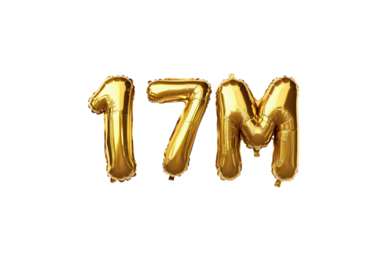 17M numbers made with golden foil balloon, isolated on transparent background, can be used for socail media celebrations, youtube subscribers, Instagram followers, facebook likes/followers.