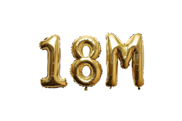 18M numbers made with golden foil balloon, isolated on transparent background, can be used for socail media celebrations, youtube subscribers, Instagram followers, facebook likes/followers.