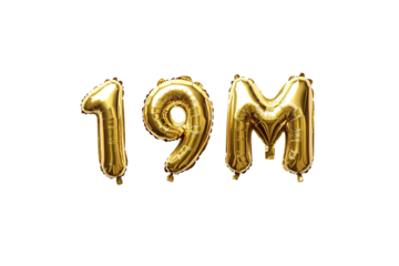 19M numbers made with golden foil balloon, isolated on transparent background, can be used for socail media celebrations, youtube subscribers, Instagram followers, facebook likes/followers.