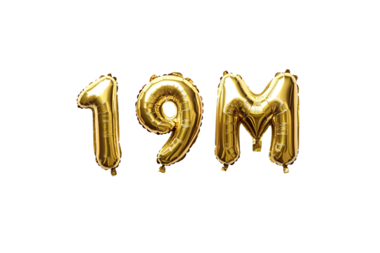 19M numbers made with golden foil balloon, isolated on transparent background, can be used for socail media celebrations, youtube subscribers, Instagram followers, facebook likes/followers.