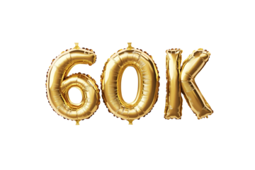 60K numbers made with golden foil balloon, isolated on transparent background, can be used for socail media celebrations, youtube subscribers, Instagram followers, facebook likes/followers.