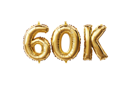 60K numbers made with golden foil balloon, isolated on transparent background, can be used for socail media celebrations, youtube subscribers, Instagram followers, facebook likes/followers.