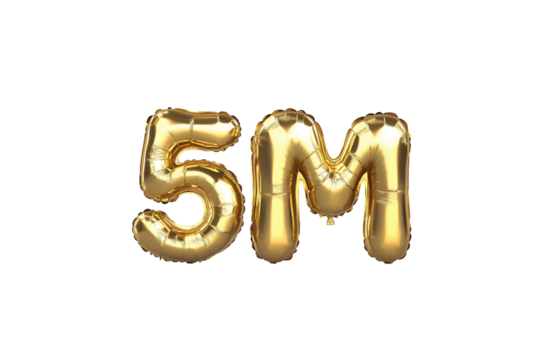 5M numbers made with golden foil balloon, isolated on transparent background, can be used for socail media celebrations, youtube subscribers, Instagram followers, facebook likes/followers.