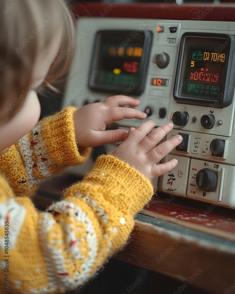 Poster a child interacts with a vintage electronic device, exploring buttons and displays.