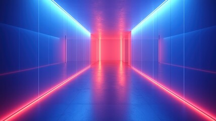 A futuristic corridor illuminated by vibrant blue and red neon lights, creating a striking visual effect.