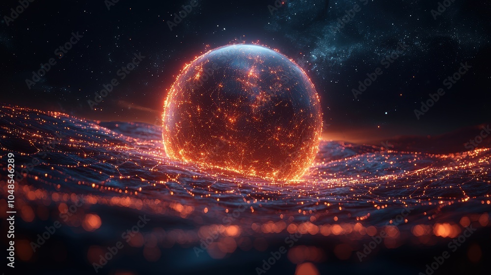 Poster a glowing orb surrounded by waves of light and particles, set against a cosmic background, creating 