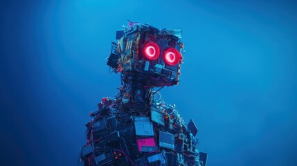 Blue underwater robot illustration with a technological design, featuring sunlight filtering through ocean waves and a backdrop of a serene sea