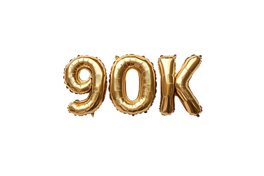 90k numbers made with golden foil balloon, isolated on transparent background, can be used for socail media celebrations, youtube subscribers, Instagram followers, facebook likes/followers. Web Social
